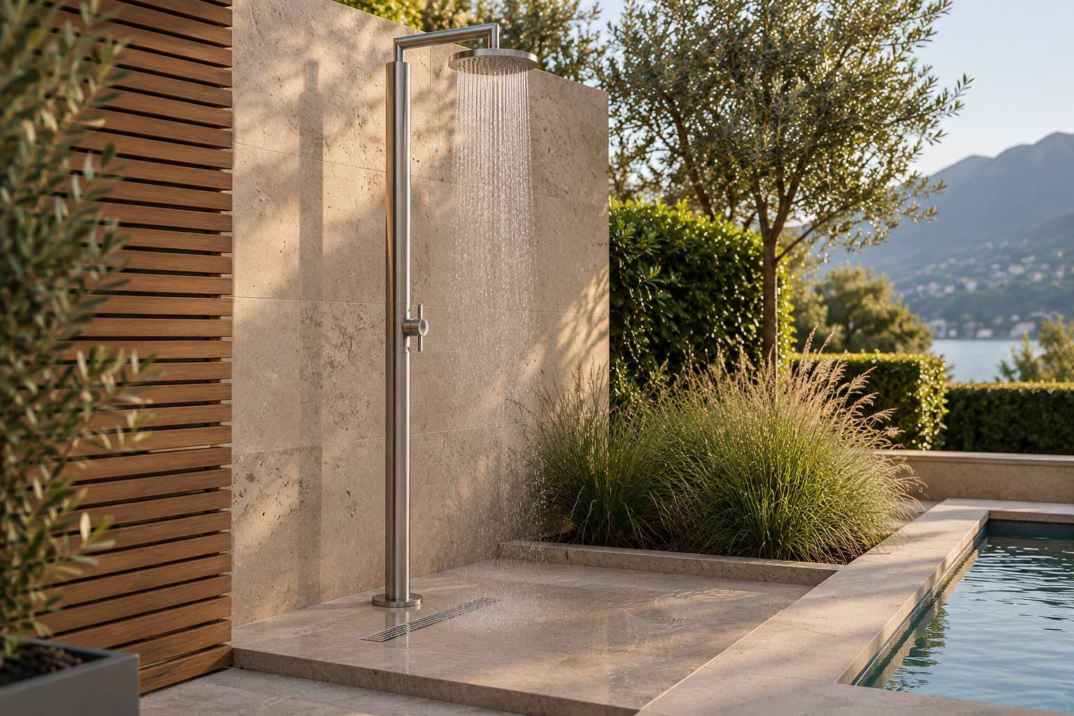 Douche extérieure en pierre naturelle et inox dans un jardin