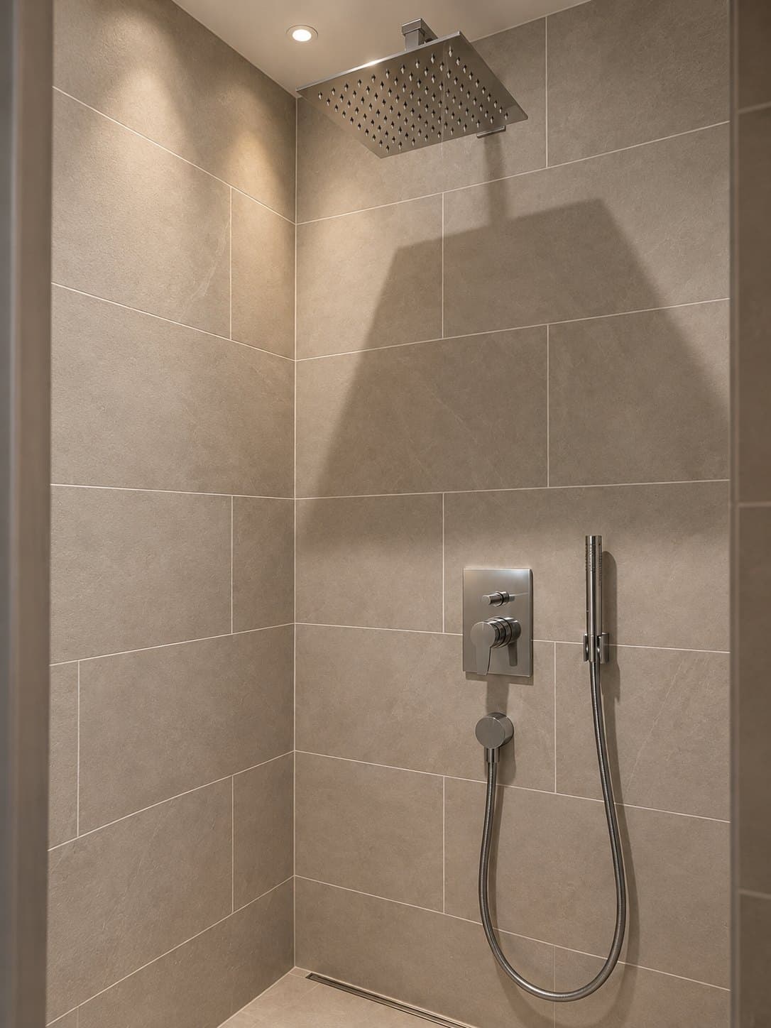 Douche carrelée avec pomme de tête carrée en inox, mitigeur encastré et douchette sur flexible