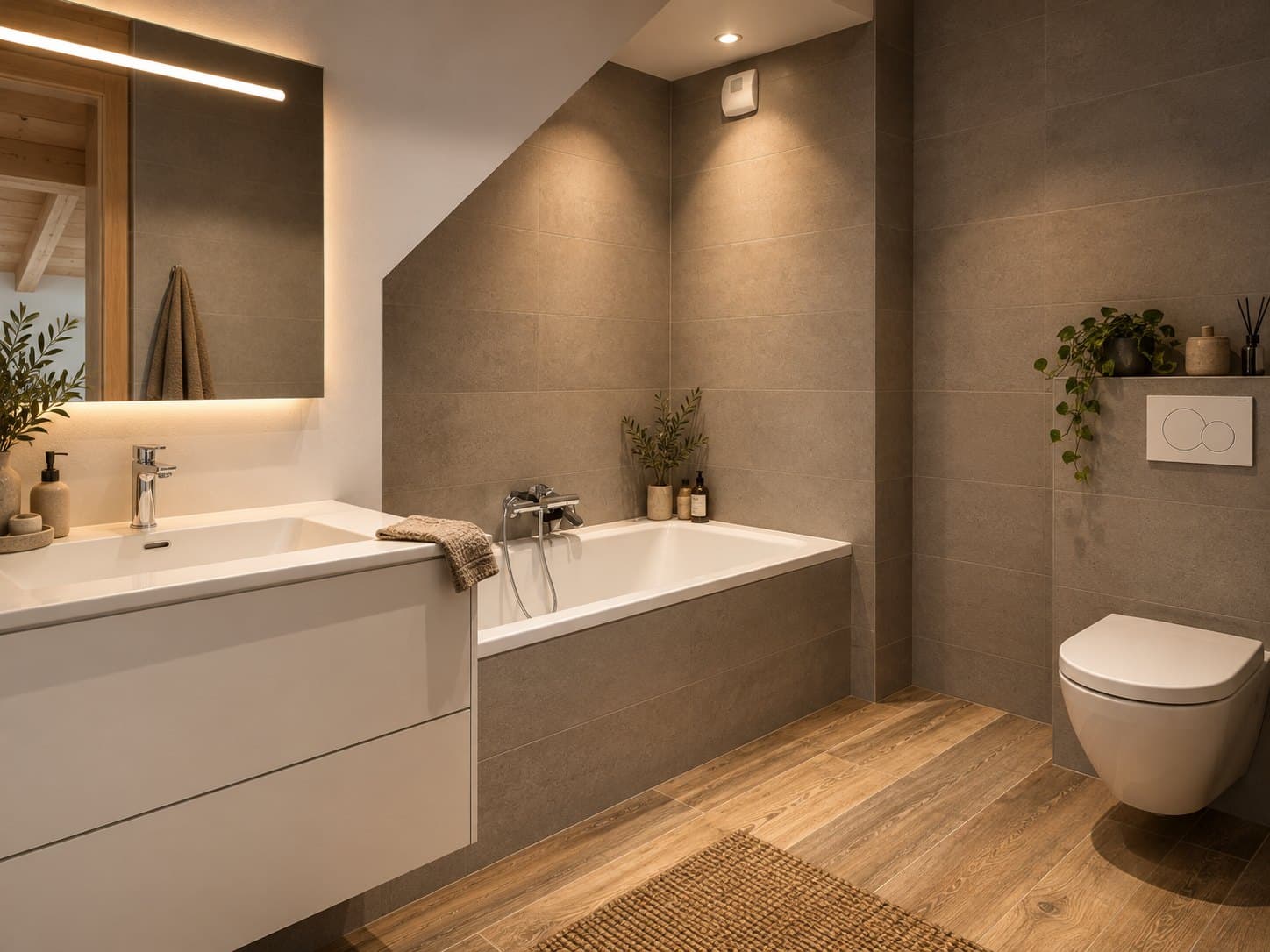Salle de bain sous les combles vue côté WC suspendu, avec baignoire et carrelage gris grand format