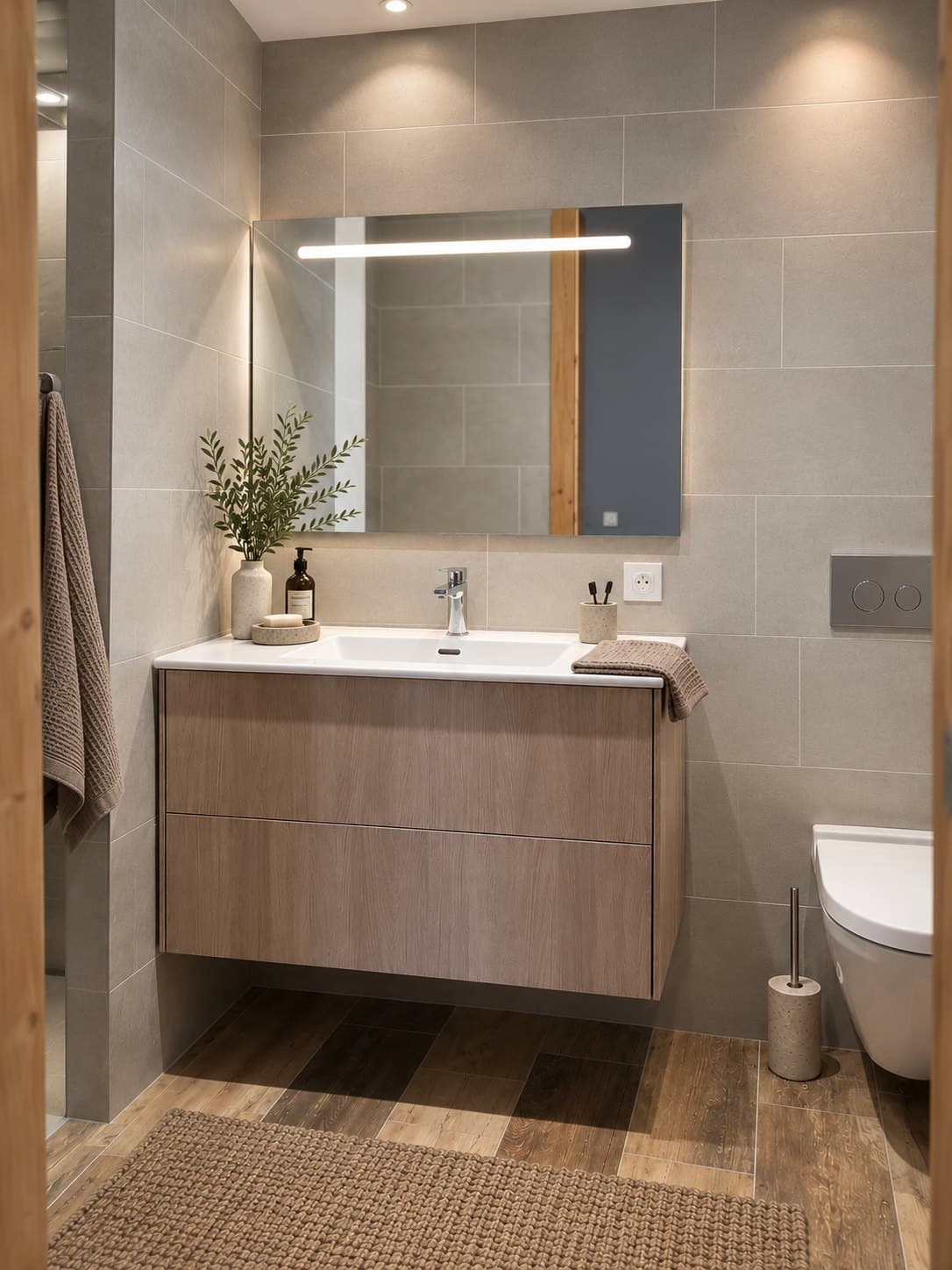 Salle d’eau avec meuble vasque suspendu en bois clair, miroir lumineux et WC suspendu