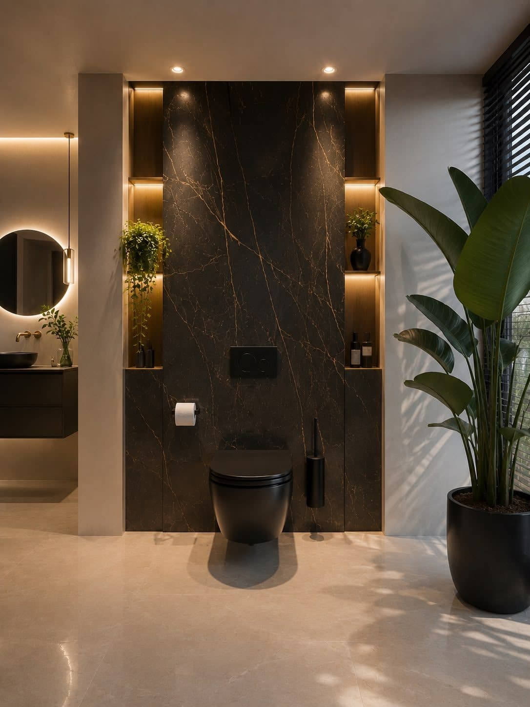 Salle d’eau avec WC suspendu noir, niche éclairée et plante verte
